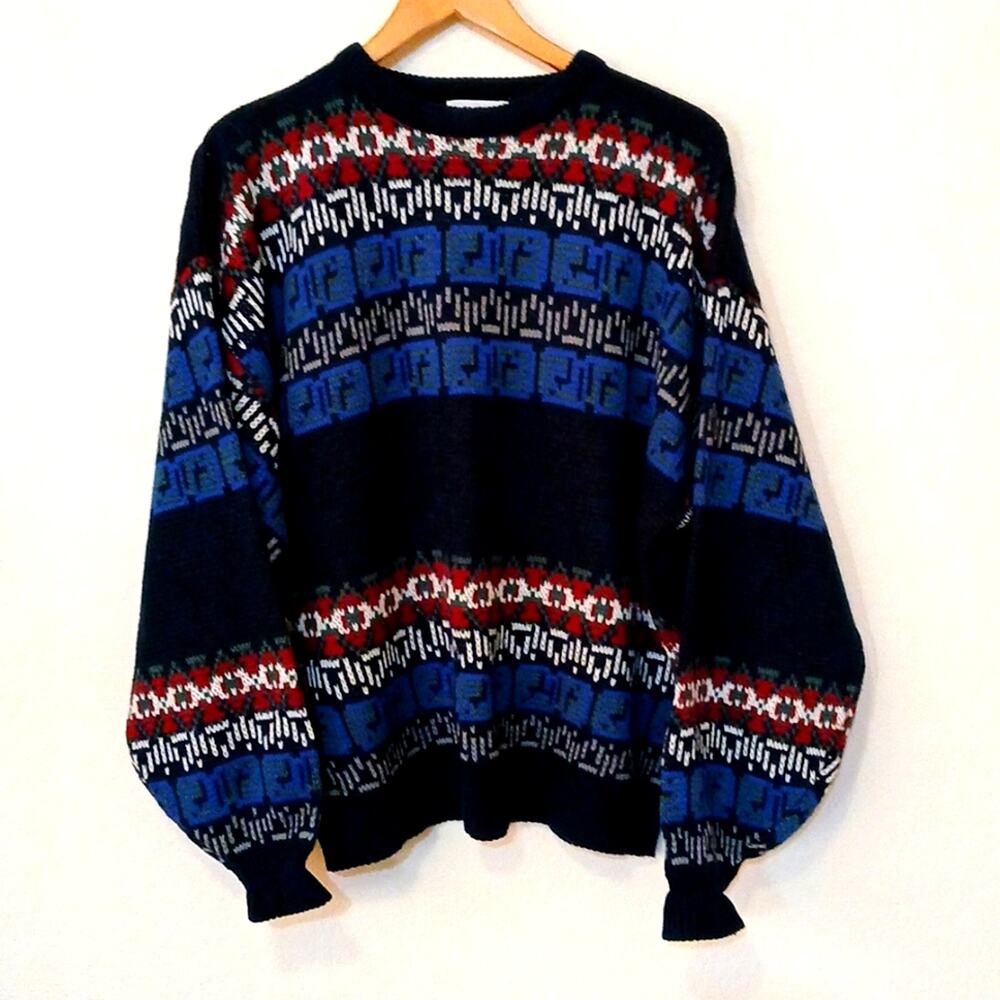 Vintage White Oak Abstract Knit Print Grandpa Sweater